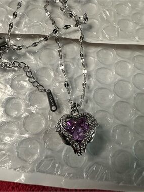 Silver Heart Necklace with Purple Gemstone Pendant - Women Jewelry
